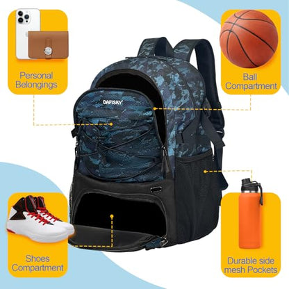 DAFISKY Basketball Backpack, Basketball Bag with Ball Holder Shoes Compartment, Sports Equipment Bag for Soccer Ball, Volleyball - color: CamoBlue