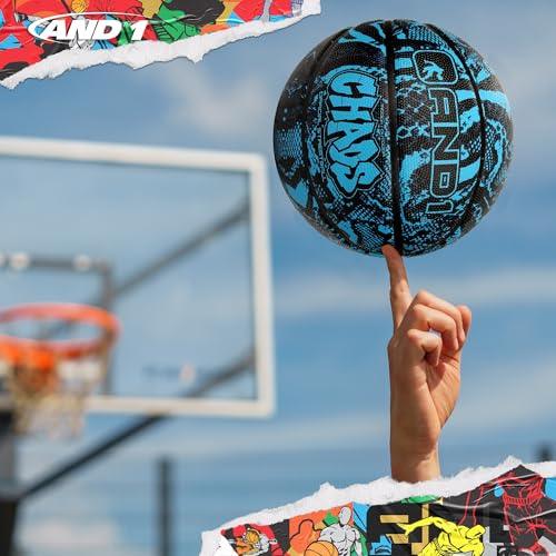 AND1 Chaos Basketball: Official Regulation (29.5 inches) Rubber - Deep Channel Construction Streetball, Made for Indoor Outdoor Basketball Games - color: Blue/Black Jungle
