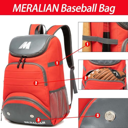 Baseball Bag - Lightweight Softball & T-Ball Backpack with Shoe Compartment for Equipment & Gear - color: RED