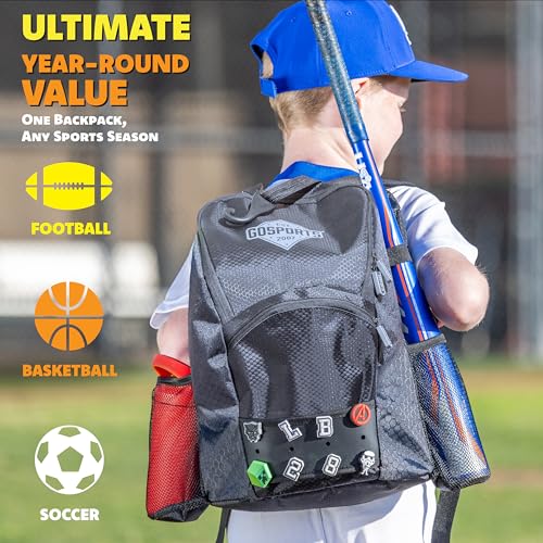 GoSports Youth Baseball and Softball Bag with Customizable Charm Panel