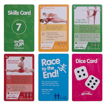 Shuffle Up Gymnastics Card Games - 70+ Fun & Active Skills Cards for Kids, Fitness Cards Develop Fundamentals, Stamina & Strength, Easy to Play for Kids | Multiple Skills Level Card Include 2 Dices - style: Gymnastics Card Games