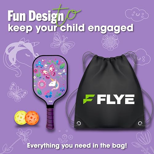 FLYE Kids Carbon Fiber Pickleball Paddle Set With Bag and Ball - Mini Training Paddle for Youth - Dinosaur, Flower, and Sharks Designs