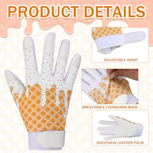 JenPen 1 Pair Youth Ice Cream Drip Batting Gloves 6 Inch Baseball Batting Gloves Long Cuff Leather Ice Cream Drip Pattern Mitt Grip Finger for Softball Teeball Baseball Kids Youth Boys - color: White, size: M Size