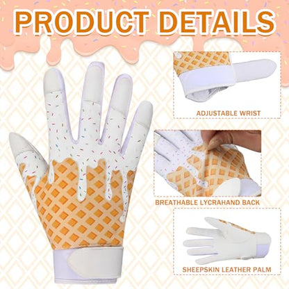 JenPen 1 Pair Youth Ice Cream Drip Batting Gloves 6 Inch Baseball Batting Gloves Long Cuff Leather Ice Cream Drip Pattern Mitt Grip Finger for Softball Teeball Baseball Kids Youth Boys - color: White, size: M Size