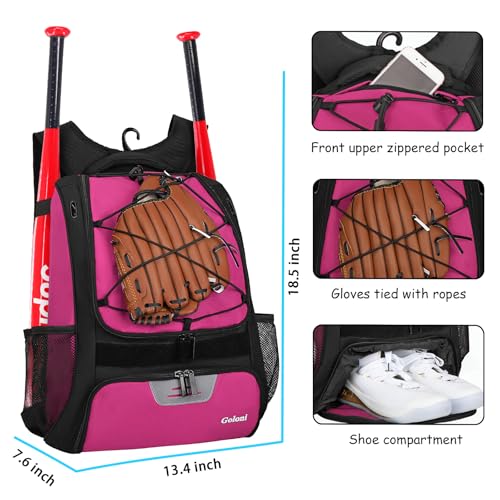 Goloni | Baseball Backpack,Baseball Bag for Adult,Softball Bat Bag with Shoes Compartment,Large Main Compartment for Helmet & accessories, Fence Hook - color: Rose