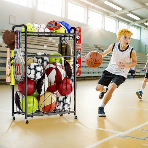 Garage Ball Storage Rack - Sports Equipment Organizer with Wheels, Rolling Sports Ball Cart with Elastic Rope, Outdoor Ball Holder for Basketball Soccer Volleyball Football, Garage Toy Storage
