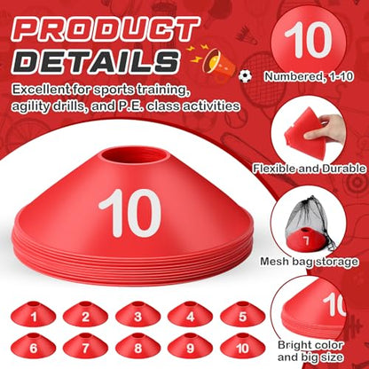 10 Pcs Numbered Sports Disc Cones 1-10 Soccer Cones with Mesh Carry Bag Flexible Agility Cones Soft Field Cones for Gym PE Classes School Activities Games, Sports Training Equipment - color: Red