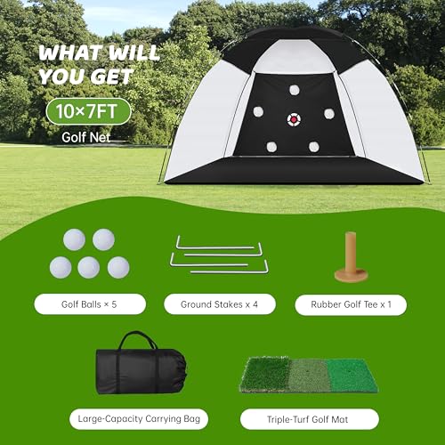 Golf Net, 10x7ft Practice Net with Heavy Tri-Turf Mat, All-in-One Multiple Target Golf Hitting Net, Outdoor Indoor Driving Chipping Training with Target/Mat/Balls/Tee/Bag, Gift for Enthusiasts