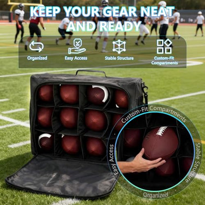 Football Bag Holds 12 Official-Size Footballs, 12-Compartment Ball Carrier with Dividers, Top-Open Organizer Case with Shoulder Strap, Football Team Gear Storage for Practice & Game Day, Bag Only