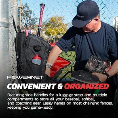 PowerNet Coach's Baseball Backpack, Softball & Baseball Bag for Coaching Gear with Laptop Sleeve and Zippered Pockets, Coach Bat Bag with Chain-Link Fence Hook and Luggage Strap