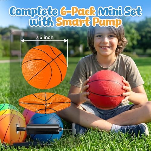 3 otters 6 Pack Mini Basketballs, 7.5 Inch Basketball Set with Pump for Kids Swimming Pool Toy, Mini Basketball Hoop, Outdoors Party Favors