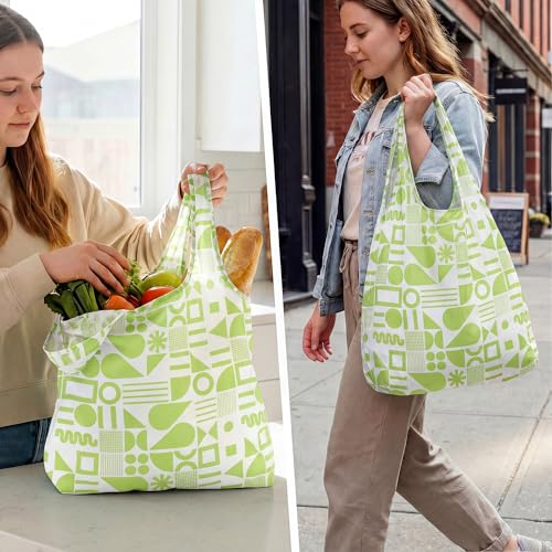 Stelle Lightweight Reusable Grocery Bag with Handles Ripstop Nylon Foldable Tote Shopping Bags for Travel and Groceries - color: Green Geometry