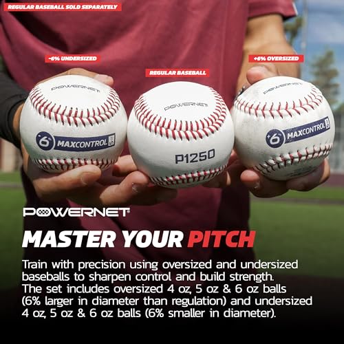PowerNet MaxControl Baseballs, 6 Various Size & Weighted Balls, Pitch Trainer to Improve Command, Training Equipment for Pitching & Throwing, Portable Baseball Practice Balls