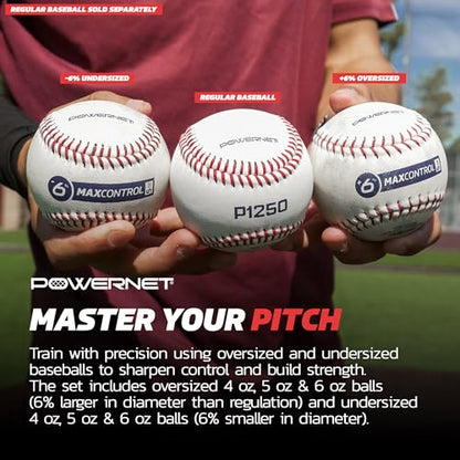 PowerNet MaxControl Baseballs, 6 Various Size & Weighted Balls, Pitch Trainer to Improve Command, Training Equipment for Pitching & Throwing, Portable Baseball Practice Balls