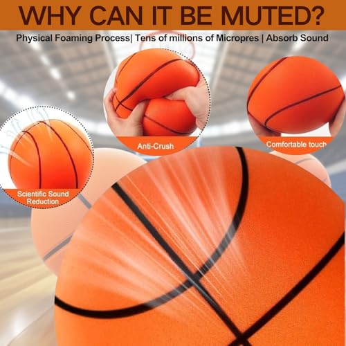 Silent Basketball Size 7 (29.5"), Grooved Airless Indoor Basketball, Highly Elastic Quiet Foam Ball,Indoor Training and Without Noise