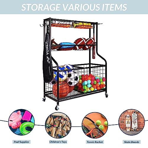 Fitvids Garage Sports Equipment Organizer, Garage Ball Storage, Sports Gear Storage, Garage Organizer with Baskets and Hooks, Rolling Sports Ball Storage Cart, Black, Steel - style: 3-Tier with Large Base