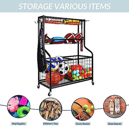Fitvids Garage Sports Equipment Organizer, Garage Ball Storage, Sports Gear Storage, Garage Organizer with Baskets and Hooks, Rolling Sports Ball Storage Cart, Black, Steel - style: 3-Tier with Large Base
