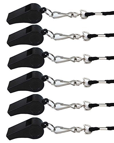 yueton Plastic Coach Whistles with Lanyard, Pack of 6 - color: Black