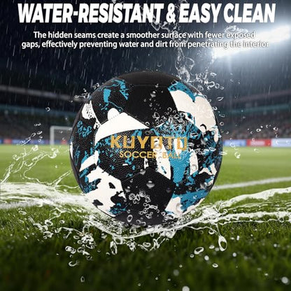 KUYOTQ Soccer Ball, Machine Stitched PU/TPU Leather Soccer Ball Match & Training for Kids Youth Adult, Professional Construction for Durable in and Outdoor Use with Superior Touch