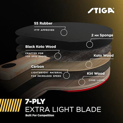 STIGA Carbon+ Bundle Ping Pong Paddle Set – 7-ply Extra Light Carbon Fiber Blade – 2mm Premium Sponge – Concave Pro Handle – 2 3-Star Tournament Balls – Neoprene Racket Cover – Player Wristband - color: Black Cover