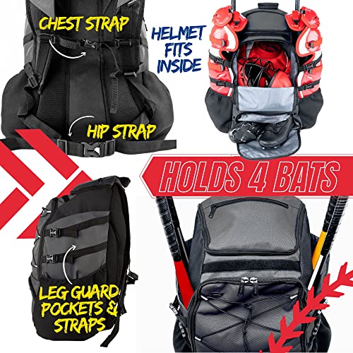 Athletico Dominator Baseball Bag - Softball Bat Bag with Shoes Compartment for Youth, Boys and Adult, Lightweight Baseball Bag with Fence Hook Hold TBall Bat, Batting Mitten, Helmet, Caps, Teeball Gear - color: Black