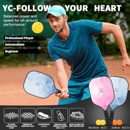 YC DGYCASI Pickleball Paddles Set of 4, USAPA Approved Pickleball Set, Fiberglass Pickle Ball Rackets, 3 Outdoor Pickleball, 3 Indoor Pickleball Balls, 4 Pickleball Overgrip, 1 Pickleball Bag - color: Pink