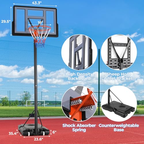 4.4-10ft Adjustable Height Basketball Hoop Outdoor, Portable Basketball Goal, 44in Shatterproof Backboard, Fillable Base, 2 Portable Wheels for Backyard/Indoor, for Kids/Teenagers/Adults
