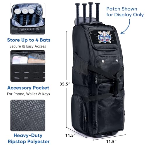 Rolling Baseball Bat Bag with Wheels, Large Capacity Gear Bag Holds 4 Bats, Reinforced Hard Base & Structured Back Panel, Top & Bottom Grab Handles, Shoe & Helmet Compartments for Youth &Adult Players - color: Black