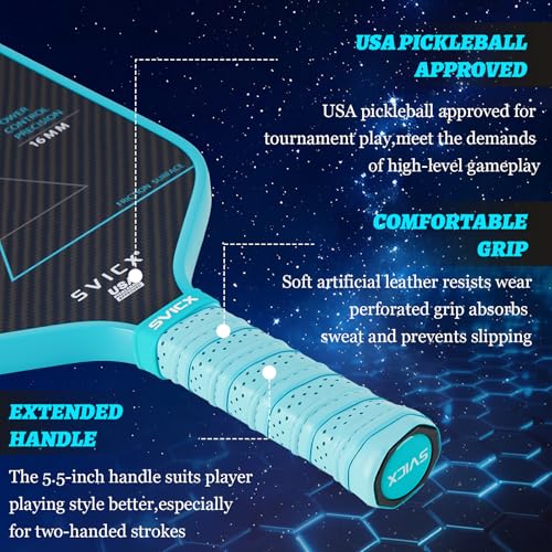 Carbon Fiber Pickleball Paddle 16mm – Professional Pickleball Paddles with Superior Control, Power & Spin – Extended Handle for Two-Handed Grip, USAPA Approved - color: Teal Green&Navy Blue