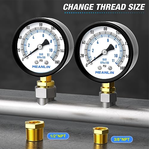 0-160Psi 2" DIAL FACE 1/4" NPT Well Pump Pressure Gauge, with 1/2" NPT and 3/8" NPT Hex Bushing, 3-2-3% Accuracy, Lower Mount - size: 0-160Psi, style: 1/4"NPT Lower Mount