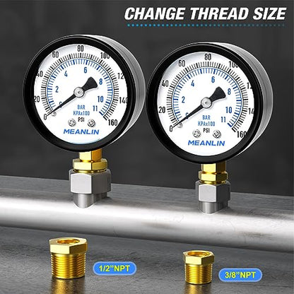 0-160Psi 2" DIAL FACE 1/4" NPT Well Pump Pressure Gauge, with 1/2" NPT and 3/8" NPT Hex Bushing, 3-2-3% Accuracy, Lower Mount - size: 0-160Psi, style: 1/4"NPT Lower Mount