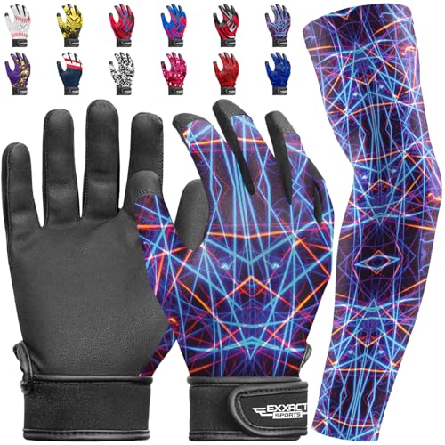 Exxact Sports Youth Batting Gloves with Arm Sleeve for Boys & Girls, Kids Baseball Batting Gloves for Softball, T-Ball - color: LAZER, size: Youth Small / Medium