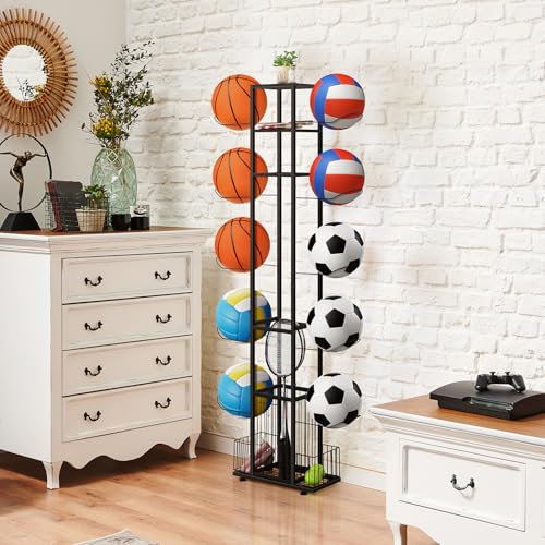 BTY Sports Equipment Organizer Ball Storage Rack Freestanding Basketball Holder Vertical Garage Ball Storage Display Stand for Volleyball Football Badminton Black