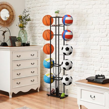 BTY Sports Equipment Organizer Ball Storage Rack Freestanding Basketball Holder Vertical Garage Ball Storage Display Stand for Volleyball Football Badminton Black
