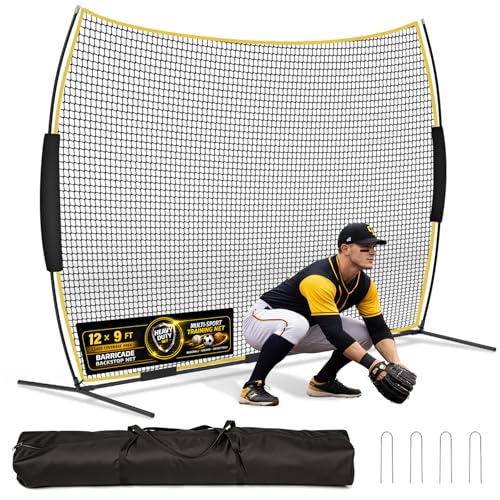 Barricade Backstop Net, 12x9 ft/ 16x10 ft/ 20x10 ft Ball Stop Netting with Carry Bag & Ground Stakes, Quick Setup, Portable, Perfect for Lacrosse, Baseball, Basketball, Soccer - size: 12x9 ft