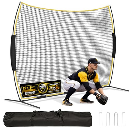 Barricade Backstop Net, 12x9 ft/ 16x10 ft/ 20x10 ft Ball Stop Netting with Carry Bag & Ground Stakes, Quick Setup, Portable, Perfect for Lacrosse, Baseball, Basketball, Soccer - size: 12x9 ft