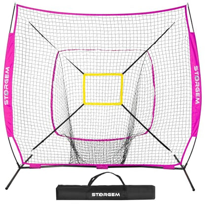 Storgem Baseball and Softball Practice Net 7×7ft Portable Hitting Pitching Batting Training Net Baseball Backstop Net and Strike Zone and Bow Frame - color: Purple