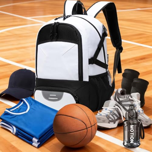Basketball Backpack - Large Sports Equipment Bag with Ball Holder & Shoe Compartment for Basketball. (white) - color: White