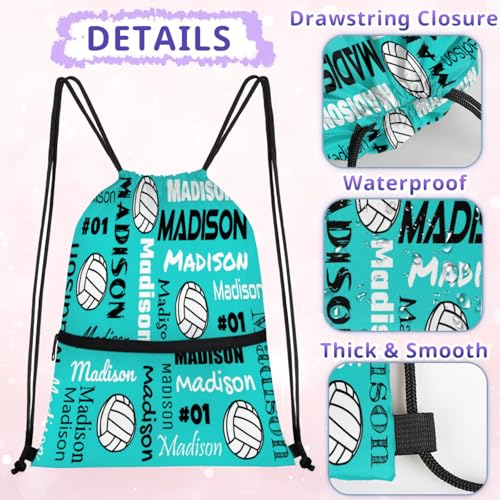 Custom Volleyball Style Drawstring Bag, Personalized Sports Ball Backpack Drawstring Sack Cinch Bags for Team Gift Party Favors, Light Turquoise - color: Dark Navy