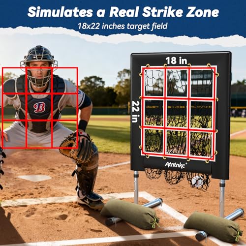 9 Hole Pitching Net with Strike Zone, Heavy-Duty Baseball & Softball Training Equipment for Pitching and Hitting, 5 Height Adjustable 9 Pocket Target, Portable Practice Equipment for All Ages