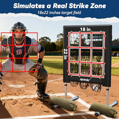 9 Hole Pitching Net with Strike Zone, Heavy-Duty Baseball & Softball Training Equipment for Pitching and Hitting, 5 Height Adjustable 9 Pocket Target, Portable Practice Equipment for All Ages