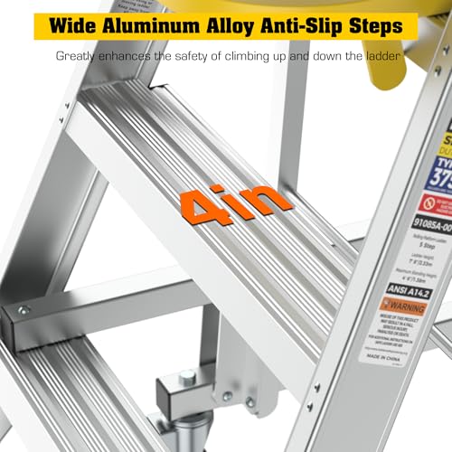 4 Step Ladder Aluminum Rolling Platform Ladders with 360° Guardrail System, Industrial Safety Non-Slip Rolling Ladder with Wheels for Warehouse, Garage, 375 lbs Capacity - size: 4 Step