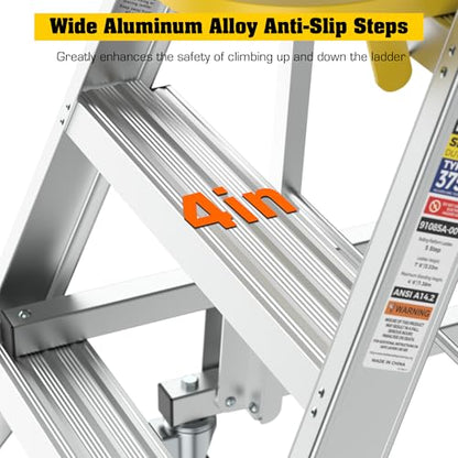 4 Step Ladder Aluminum Rolling Platform Ladders with 360° Guardrail System, Industrial Safety Non-Slip Rolling Ladder with Wheels for Warehouse, Garage, 375 lbs Capacity - size: 4 Step