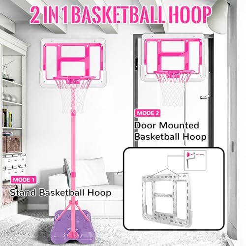Kids Basketball Hoop with Stand, Adjustable Basketball Set, Toddler Basketball Toys for Boys Age 3 4 5 6 7 8, Indoor Outdoor Backyard Sport Game Gifts Pink - style: Pink Basketball Hoop