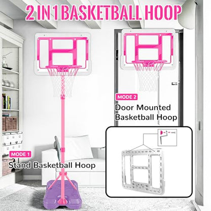 Kids Basketball Hoop with Stand, Adjustable Basketball Set, Toddler Basketball Toys for Boys Age 3 4 5 6 7 8, Indoor Outdoor Backyard Sport Game Gifts Pink - style: Pink Basketball Hoop
