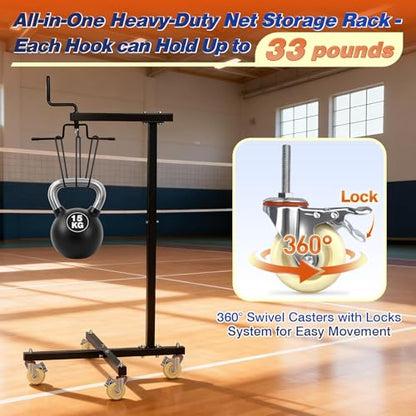 Movable Sports Net Storage Rack with Lockable Wheels, Heavy-Duty Holder for Volleyball, Tennis, Pickleball, Badminton Nets, Space-Saving Support Rack with Swivel Handle & Dust Covers - style: Holds 1 Net