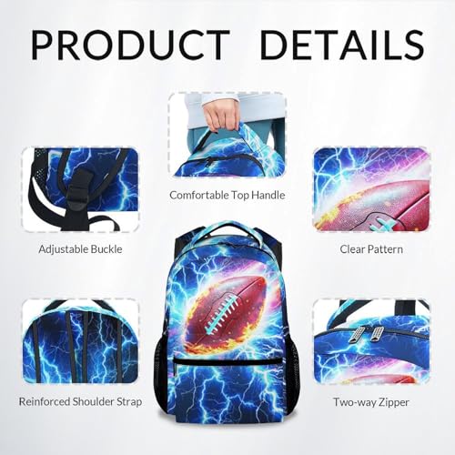 Boys Backpack for Kids, Football School Bookbag for Child Elementary Middle Students - Water Resistant Teens Schoolbag with Lightning Print (17 Inch) - color: Red