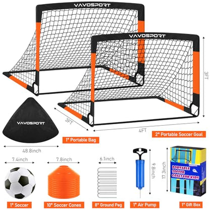 VAVOSPORT Kids Soccer Goals for Backyard Set, 2 of 4x3 / 6x4 ft Portable Soccer Goal Nets, Pop Up Mini Toddler Soccer Net Training Equipment & Ball, Cones for Ages 3-14, Outdoor Games Gifts for Kids