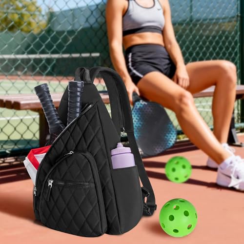 Pickleball Sling Bag for Women and Men, Pickle Ball Paddle Backpack with Fence Hook for Racquetball, Badminton Rackets, Black