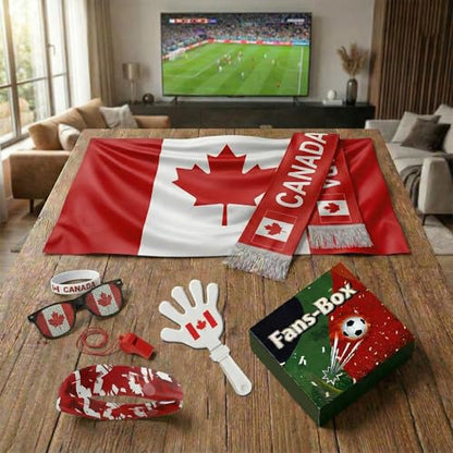 Soccer Fan Gear Set 2026-7 Piece Game Day Kit with Flag, Scarf, Glasses, Whistle, Clapper, Wristband & Headband in Gift Box - Watch Party & Stadium Essentials for Canada - color: Canada